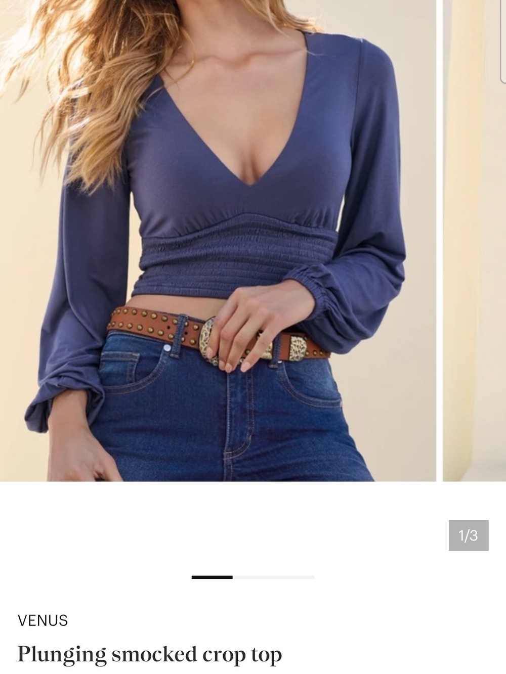 VENUS Dusty Blue Plunging Smocked Crop Top